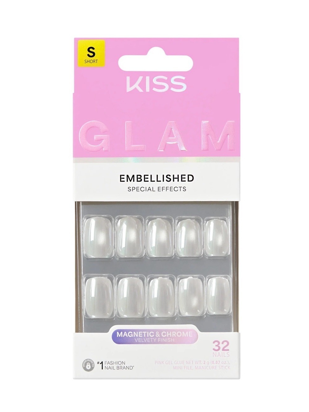 Kiss Glam Embellished Press On Nails, White, Short, 32 Count
